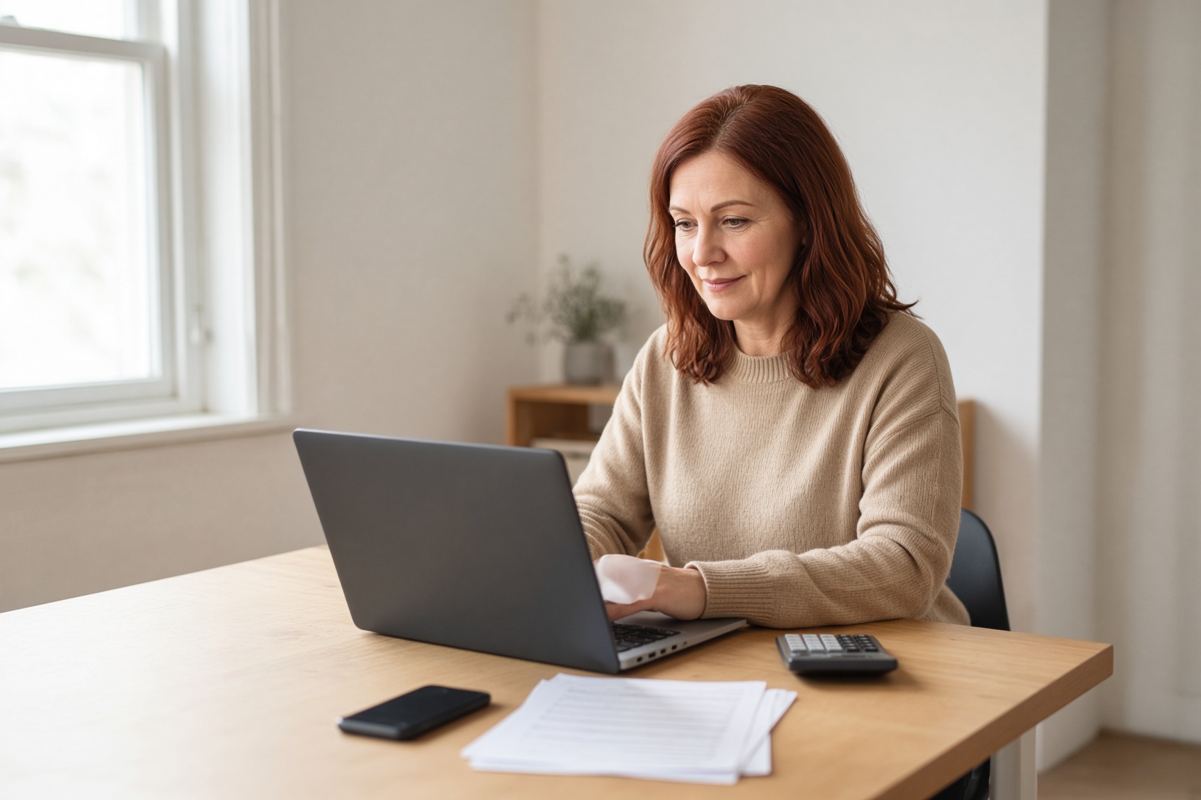 A business owner at a bright desk with invoices and a laptop.