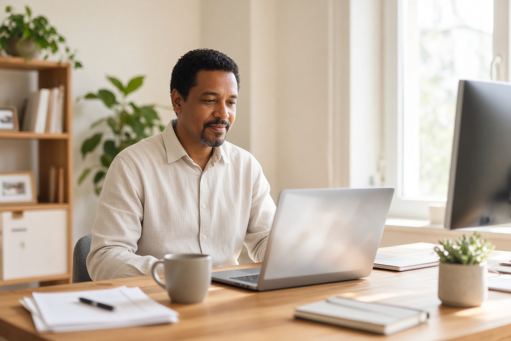 A content person at a sunlit desk with a laptop, calm and focused.