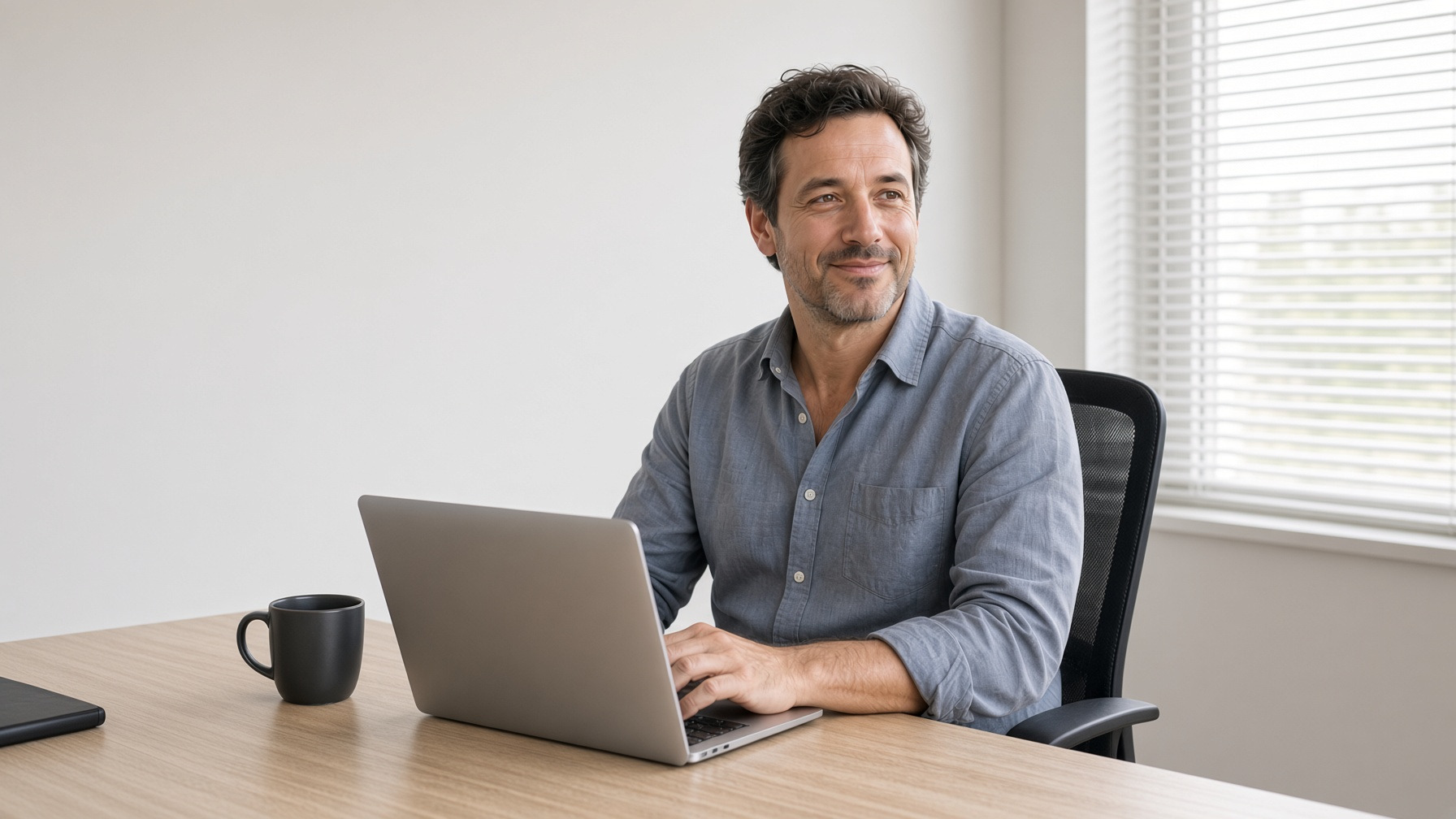 A man at a sunlit office desk with a laptop and a coffee mug.