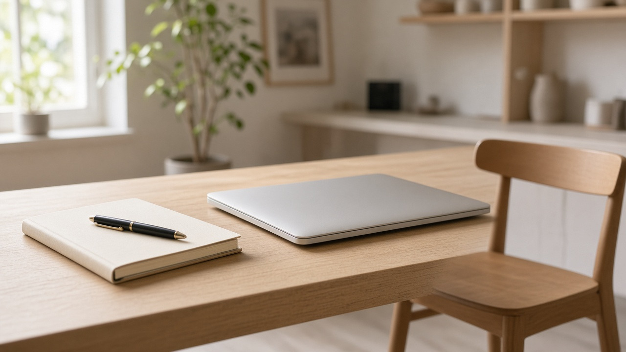A closed laptop on a light wood desk with a notebook and pen, an empty chair, and a bright calm office — no people.
