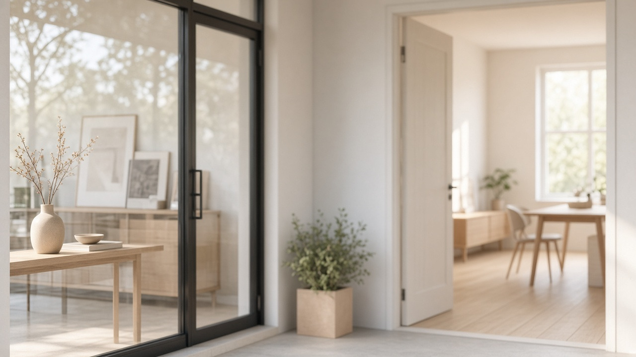A bright room with polished glass for looking, a plain open doorway, and daylight — no people.