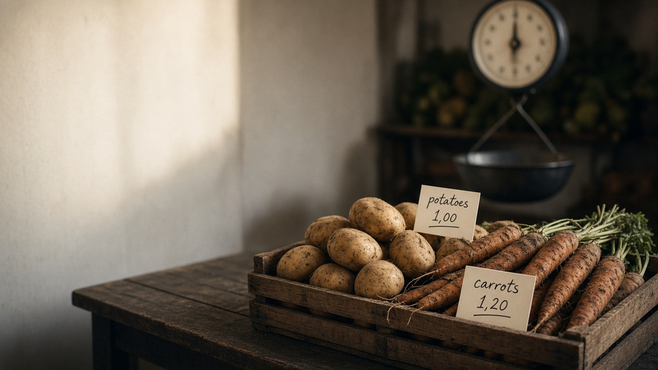A wooden crate of potatoes and carrots with handwritten price tags, a hanging scale, and a quiet sunlit wall.