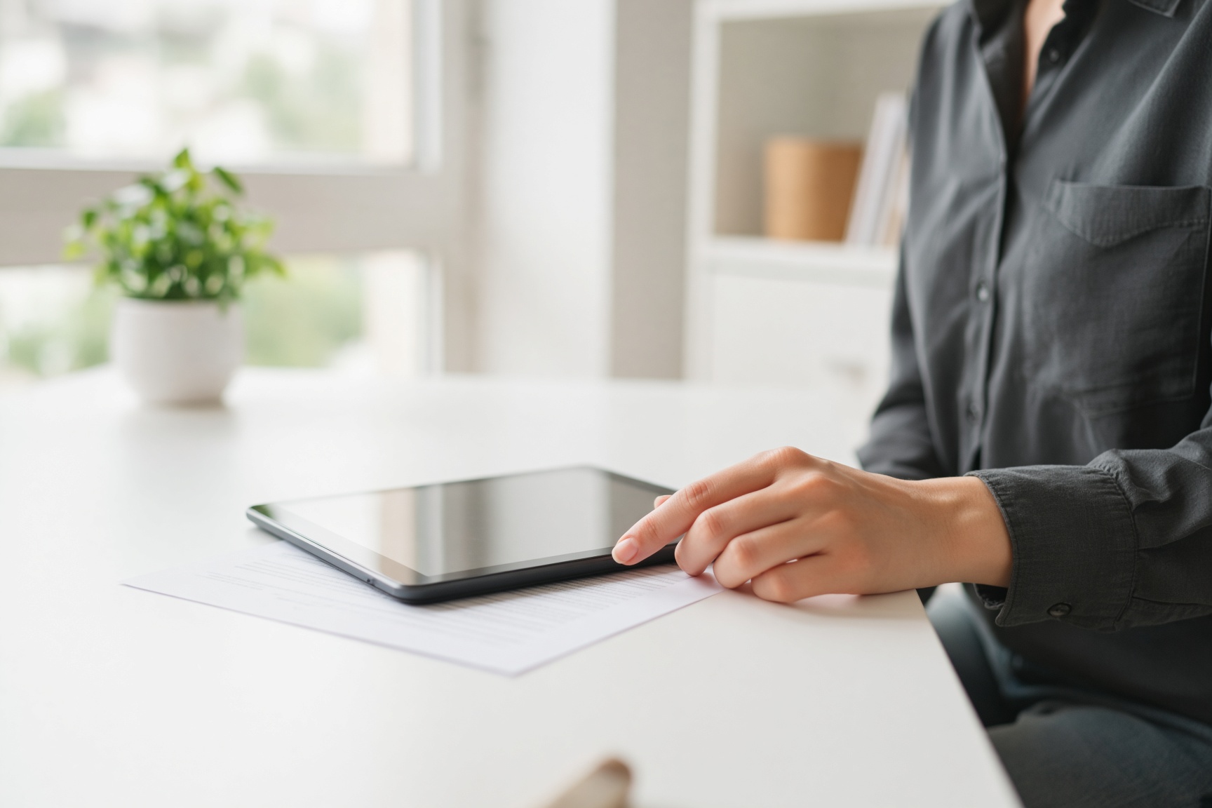 A hand ready to sign a paper on a sunlit desk.