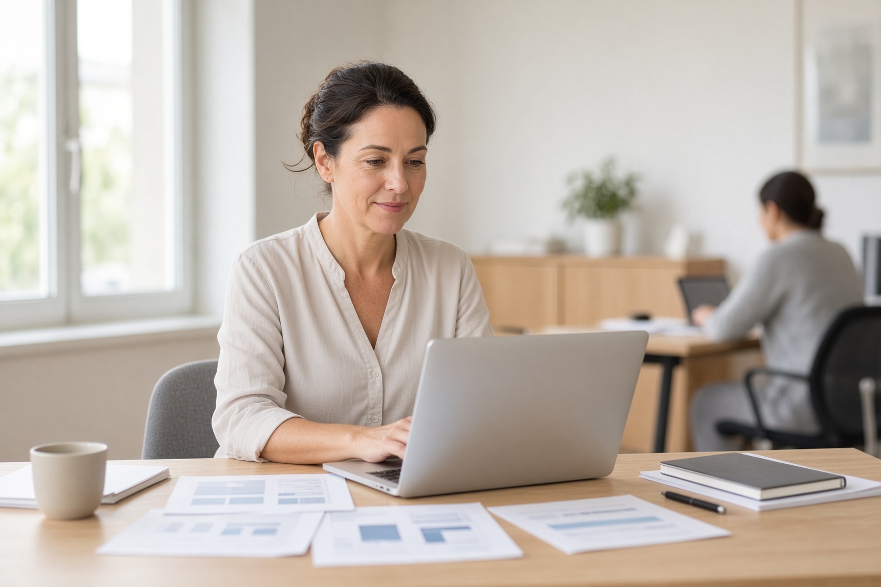An ops lead at a bright office desk with reports, teammate soft in back.