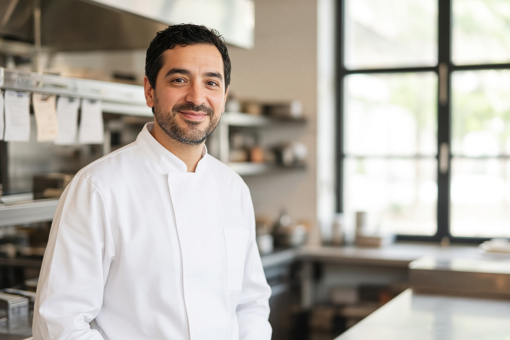 A restaurant operator at a bright kitchen pass.