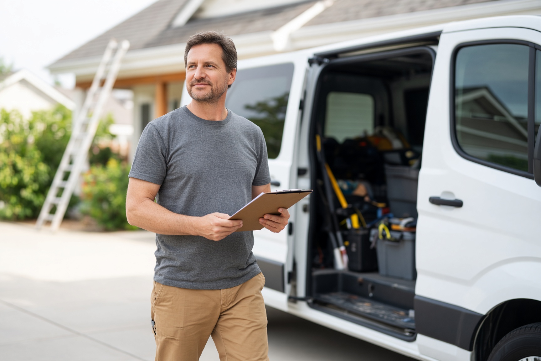 A roofing owner at a work van with a clipboard in bright daylight.