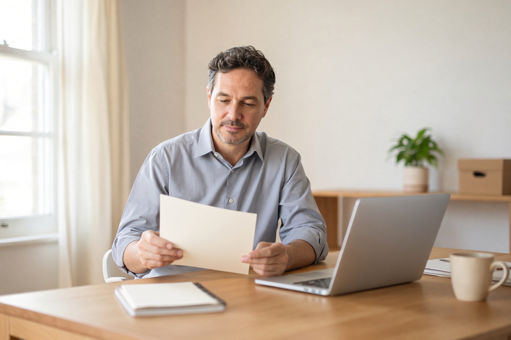 An ops lead at a bright desk with papers and a laptop, calm and in control.