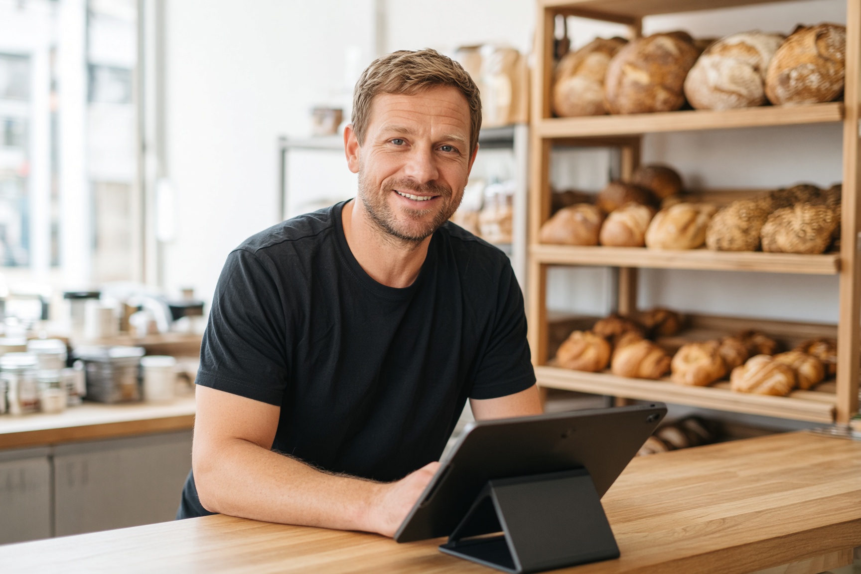 A bakery owner at a modern touchscreen till in daylight.